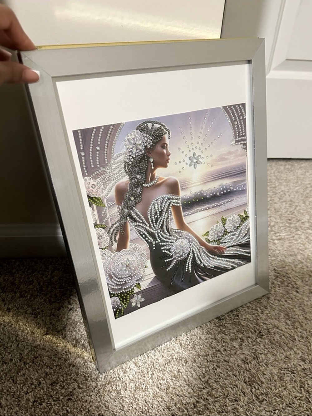 Silver Framed Pearl Embellished Woman Art Print - Home Art